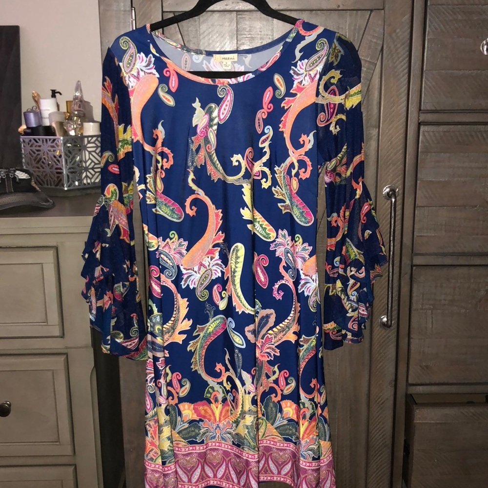 Navy Print Stretchy Bell Sleeve Dress